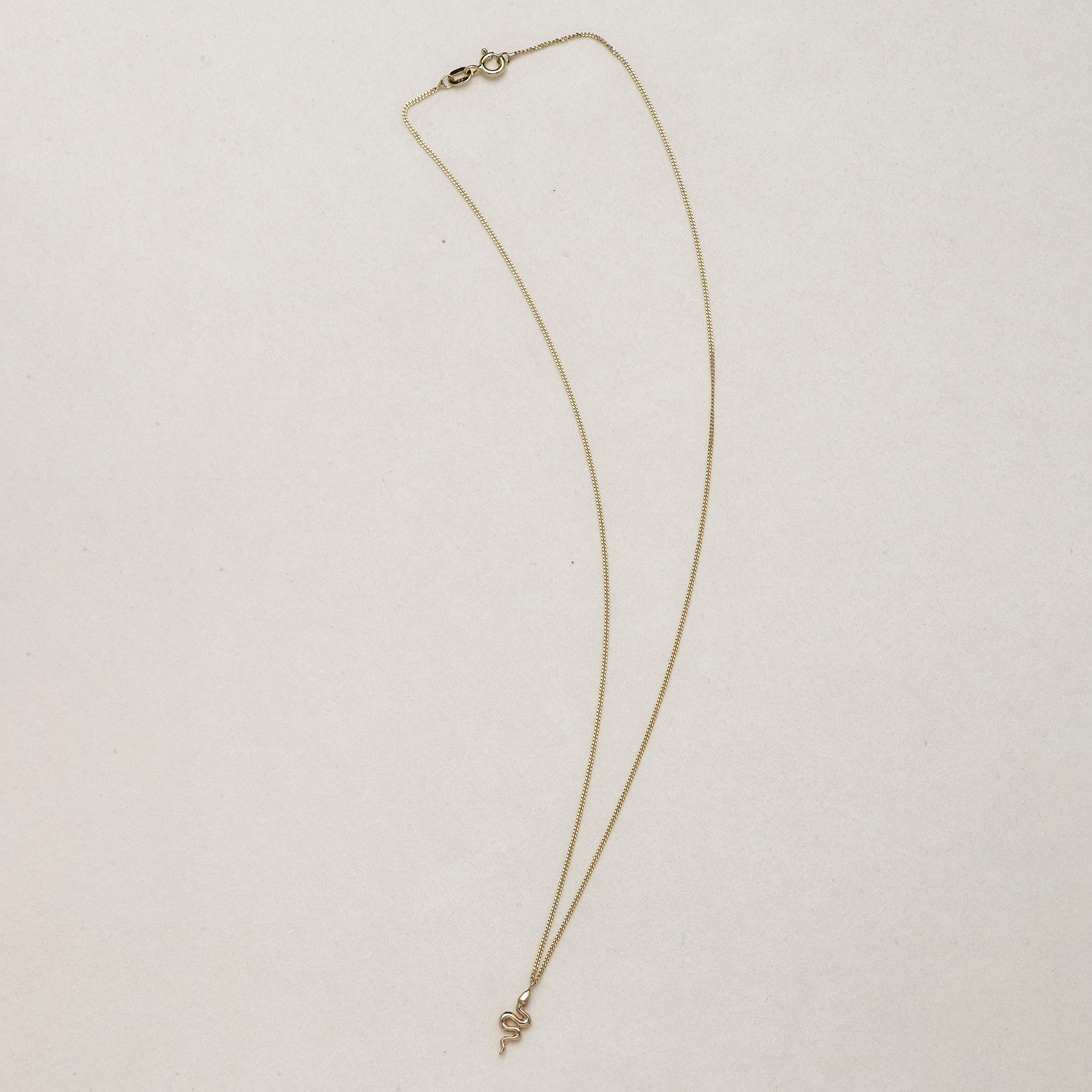 A miniature snake necklace handcrafted in 14K solid gold, suspended from a delicate curb chain. Small in scale yet rich in symbolism, it balances sculptural simplicity with quiet presence.

Throughout history, snakes have symbolized fertility, creative life force, and renewal. As snakes shed their skin to survive, they remind us of the importance of releasing what no longer serves us in order to grow and transform. They are enduring symbols of rebirth, healing, and personal evolution.

The MINI SNAKE NECKLA