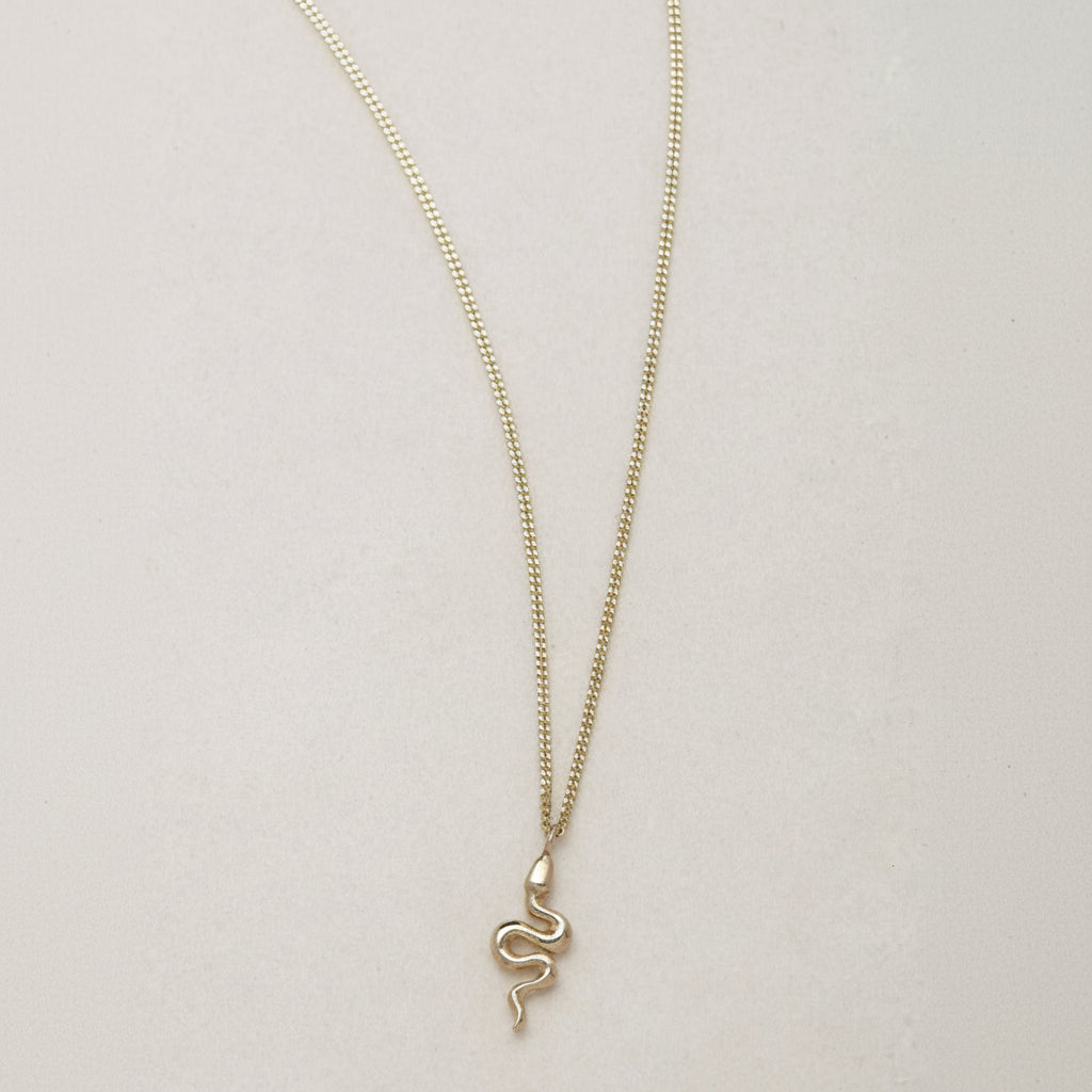 A miniature snake necklace handcrafted in 14K solid gold, suspended from a delicate curb chain. Small in scale yet rich in symbolism, it balances sculptural simplicity with quiet presence.

Throughout history, snakes have symbolized fertility, creative life force, and renewal. As snakes shed their skin to survive, they remind us of the importance of releasing what no longer serves us in order to grow and transform. They are enduring symbols of rebirth, healing, and personal evolution.

The MINI SNAKE NECKLA