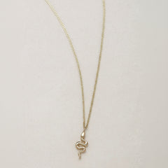 A miniature snake necklace handcrafted in 14K solid gold, suspended from a delicate curb chain. Small in scale yet rich in symbolism, it balances sculptural simplicity with quiet presence.

Throughout history, snakes have symbolized fertility, creative life force, and renewal. As snakes shed their skin to survive, they remind us of the importance of releasing what no longer serves us in order to grow and transform. They are enduring symbols of rebirth, healing, and personal evolution.

The MINI SNAKE NECKLA